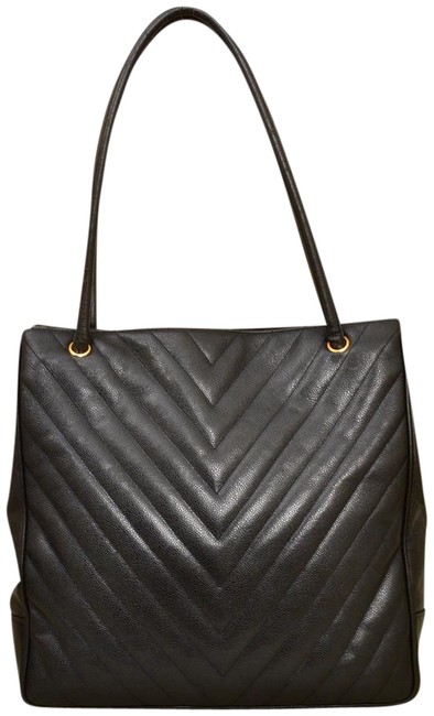 Chanel Shoulder Bag 145&quot Chevron Shopper Black Caviar Leather Satchel 