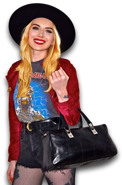 Chanel 145&quot Inch Quilted Boston Style Black Lambskin Leather Satchel 