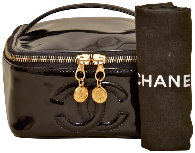 Chanel 65&quot Inch Cosmetic Vanity Travel Case Black Patent Leather Satchel 