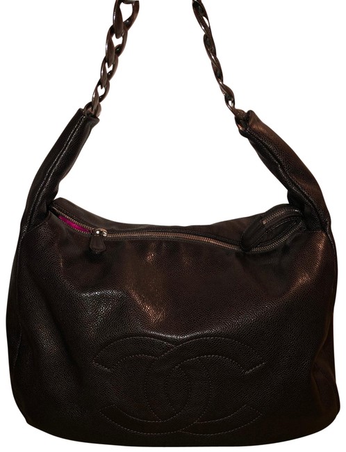 Chanel Antique Chain Link Dark Brown Caviar Leather Hobo Bag 