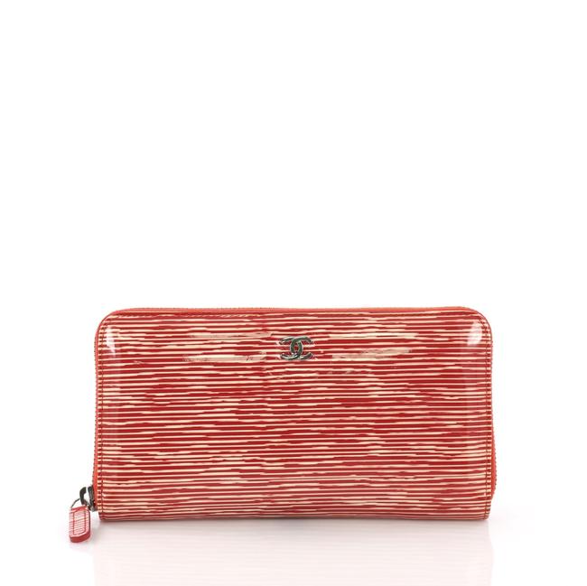 Chanel Around Wallet Striped Long Red Patent Leather Clutch 
