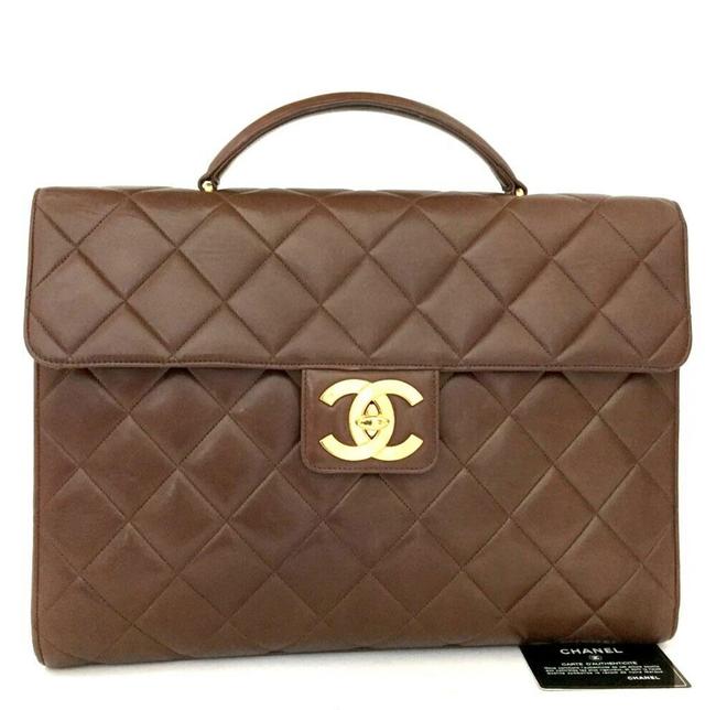 Chanel Bag with Flap Top Handle Executive Briefcase Brown Lambskin Leather Satchel 