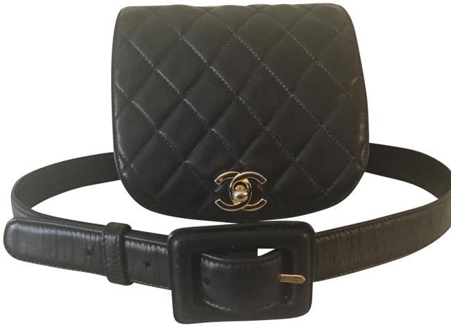Chanel Belt Bag Rare Vintage Diamond Quilted Black Lambskin Leather Clutch 