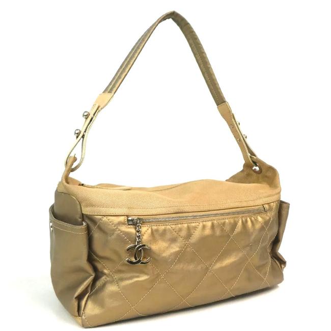 Chanel Biarritz Paris Gold Canvas Hobo Bag 