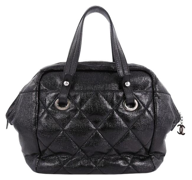 Chanel Biarritz Quilted Coated Mini Black Canvas Satchel 