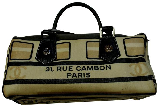 Chanel Boston Bag Le Train Tote Black Beige Coated Canvas Satchel 