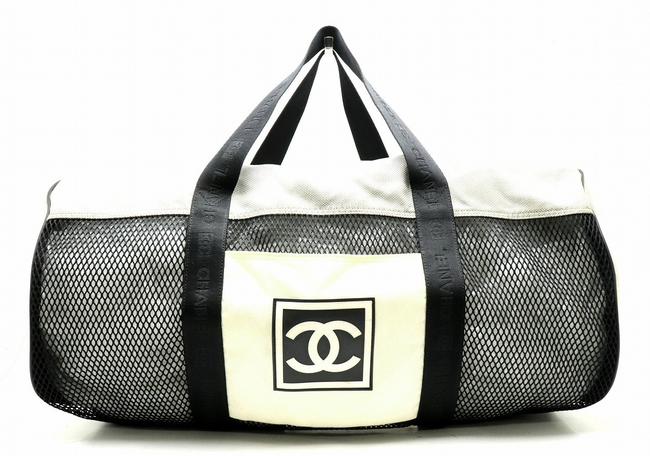 Chanel Boston Bag Sport Line Cocomark Travel Black Gray White Leather Satchel 