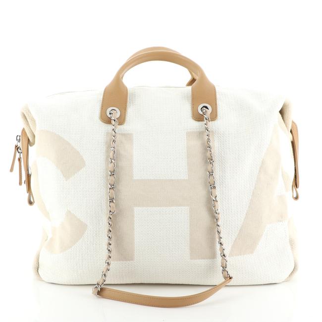 Chanel Bowling Bag Deauville Logo Large Neutral Canvas Satchel 