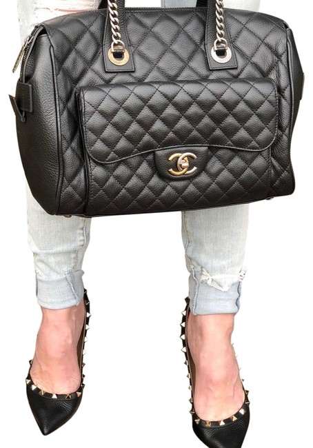 Chanel Bowling Bag Quilted Black Caviar Calfskin Leather Satchel 