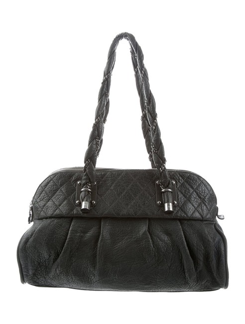 Chanel Bowling Bag Quilted Distressed Grey Green Lambskin Leather Satchel 