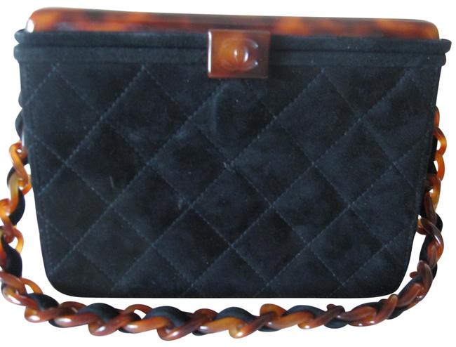 Chanel Box Quilted Tortoise Lucite Top Black Suede Leather Clutch 