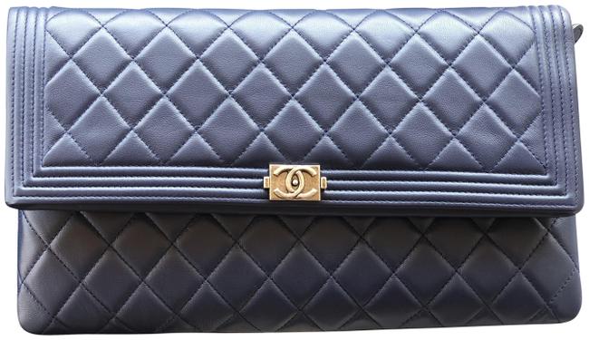 Chanel Boy Quilted Navy Lambskin Leather Clutch 