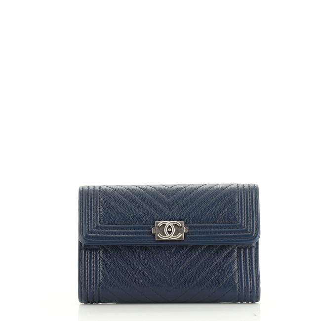 Chanel Boy Flap Wallet Chevron Caviar Small Blue Leather Clutch 