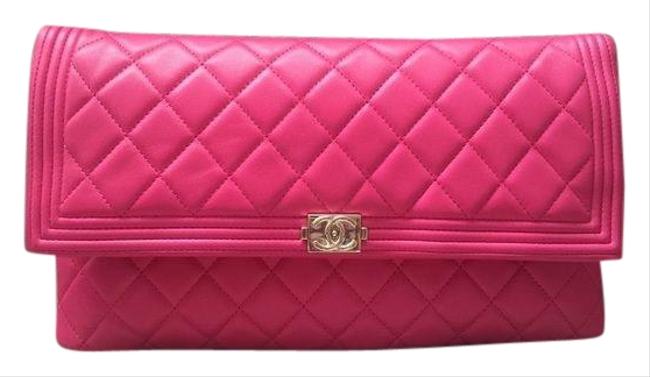 Chanel Boy Fold Fuchsia Pink Lambskin Leather Clutch 