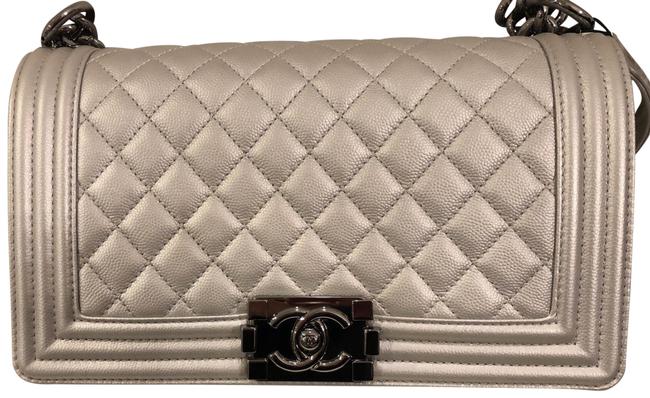 Chanel Boy Handbag Classic Silver Caviar Clutch 