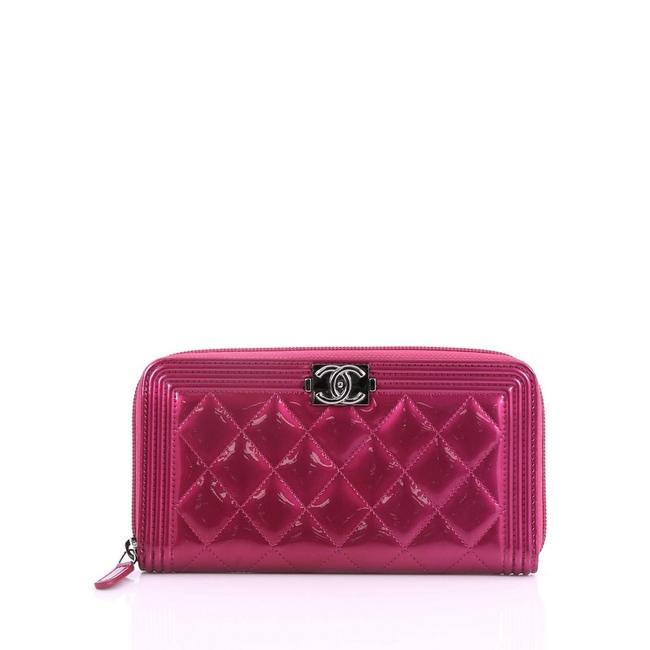 Chanel Boy L L gusset Zip Wallet Quilted Long Pink Patent Clutch 