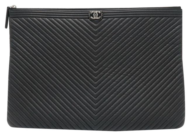 Chanel Boy Large O Case Chevron Black Leather Clutch 