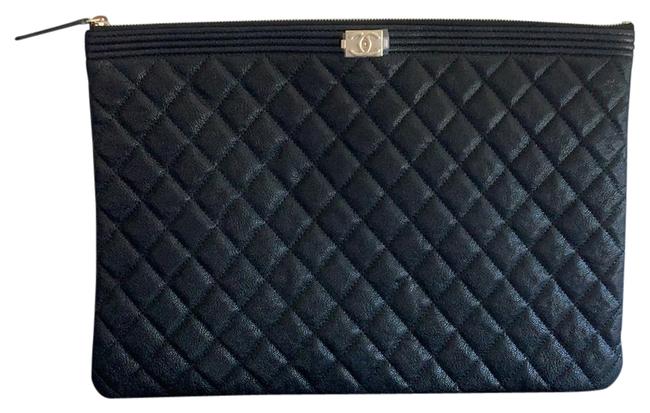 Chanel Boy O Case Large Pouch Black Caviar Leather Clutch 