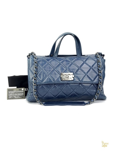 Chanel Boy Quilted Convertible #28902 Blue Leather Satchel 