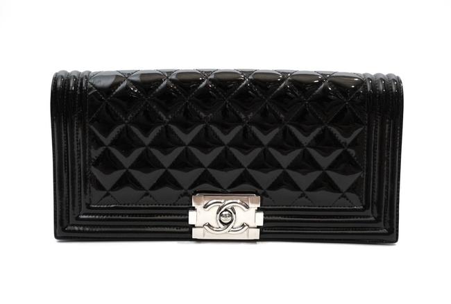Chanel Boy Quilted Long Black Patent Leather Clutch 