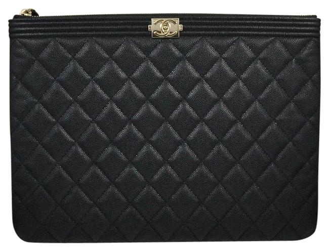 Chanel Boy Quilted Medium O Case Caviar Black Leather Clutch 