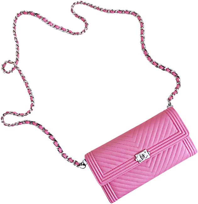 Chanel Boy Wallet with Chain Added Pink Lambskin Leather Clutch 
