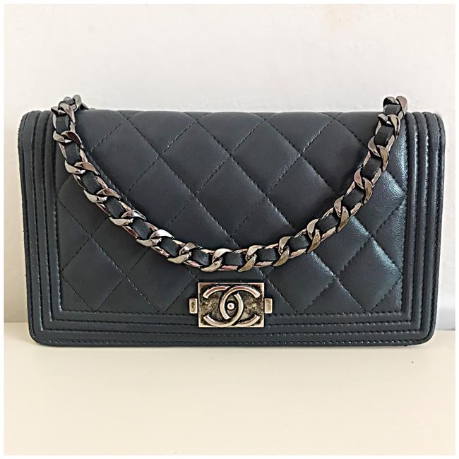 Chanel Boy Yen Wallet Gray Lambskin Leather Clutch 