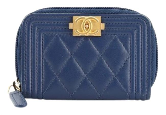 Chanel Boy Zip Coin Purse Quilted Lambskin Small Blue Leather Clutch 
