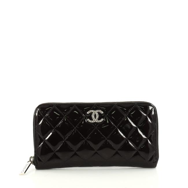 Chanel Brilliant Zip Around Wallet Quilted Patent Long Black Leather Clutch 