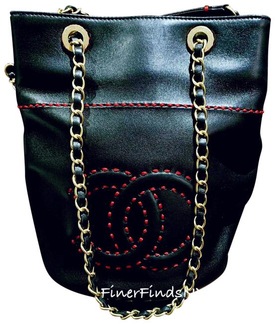 Chanel Bucket Black Calfskin Leather Hobo Bag 