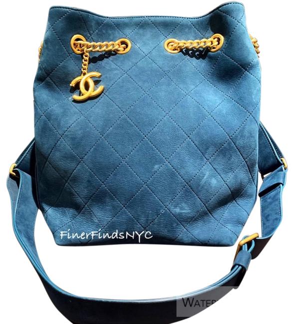 Chanel Bucket Medium Blue Suede Leather Hobo Bag 