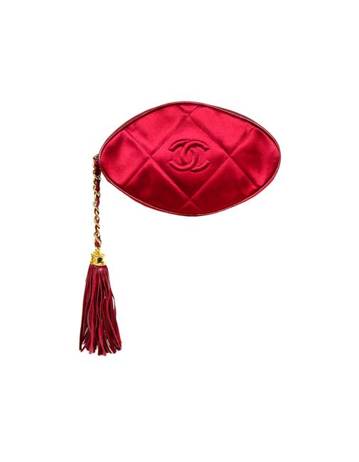 Chanel Burgundy Quilted Cc Red Satin Clutch 