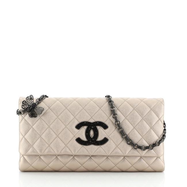 Chanel Butterfly Chain Quilted Lambskin Gold Metallic Leather Clutch 