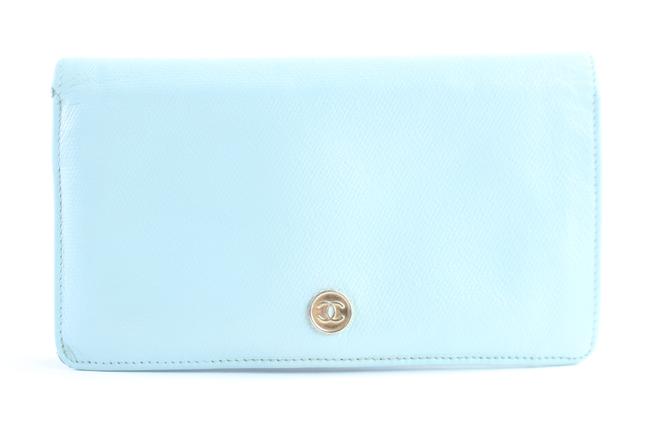 Chanel Button Line Long Flap Bifold Wallet 225285 Seafoam Blue Leather Clutch 