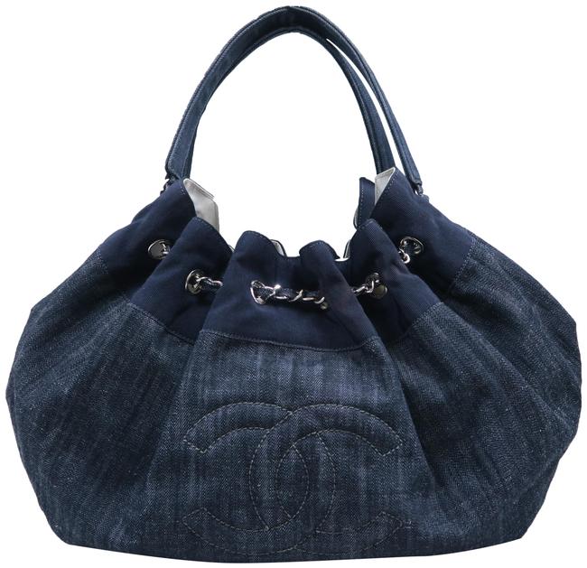 Chanel Shoulder Cabas Stretch Spirit Canvas Navy Denim Hobo Bag 