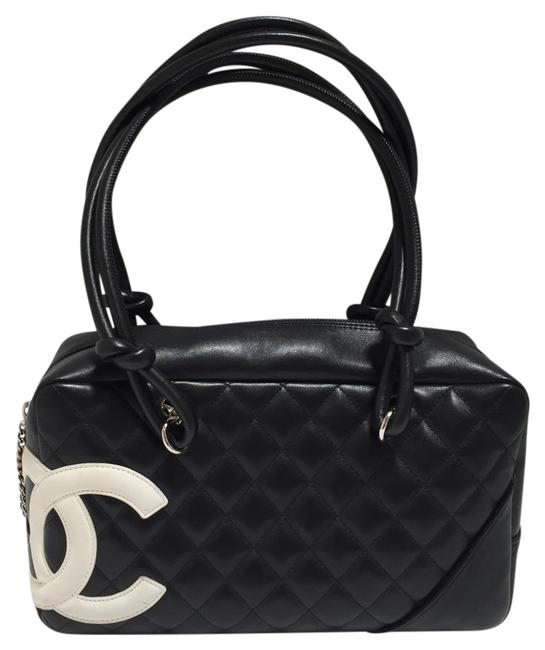 Chanel Shoulder Bag Cambon Black and White Lambskin Leather Cotton Satchel 