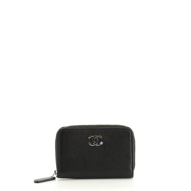 Chanel Camellia Coin Purse Goatskin Blue Leather Clutch 