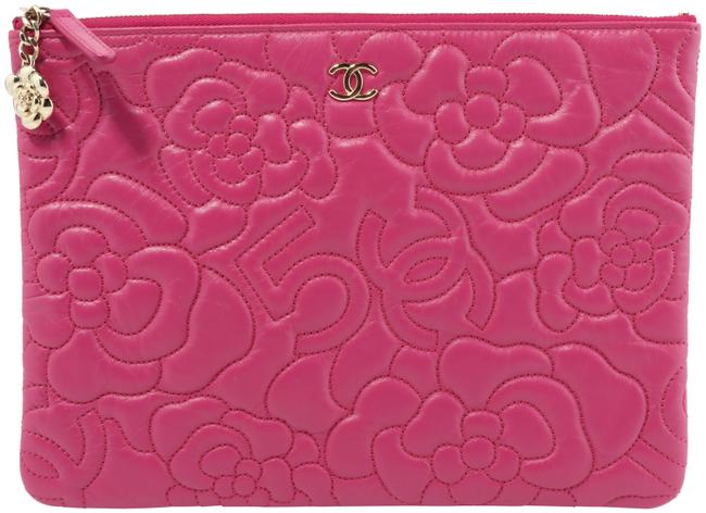 Chanel Camellia Embossed Pink Lambskin Leather Clutch 