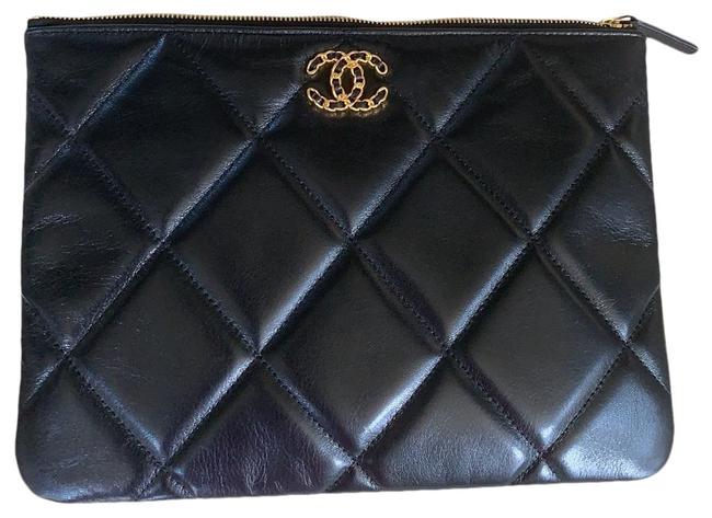 Chanel Case 20p Gold Quilted Black Leather Clutch 