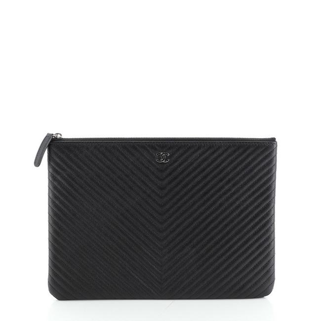 Chanel Case Chevron Caviar Medium Black Leather Clutch 