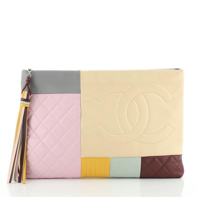 Chanel Case Colorblock Large Neutral Pink Red Leather Clutch 