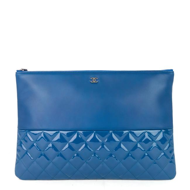 Chanel Case Large Lambskin and Patent Blue Leather Clutch 