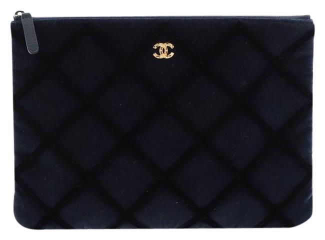 Chanel Case Quilted Medium Black Blue Velvet Clutch 