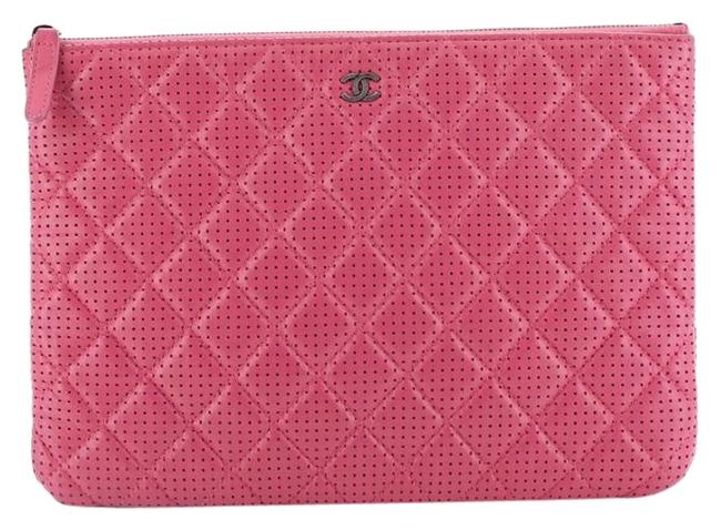 Chanel Case Quilted Perforated Lambskin Medium Pink Leather Clutch 