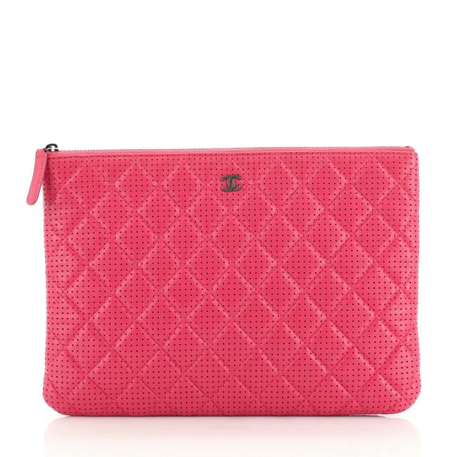 Chanel Case Quilted Perforated Medium Pink Lambskin Leather Clutch 