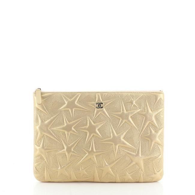 Chanel Case Star Embossed Lambskin Medium Gold Leather Clutch 