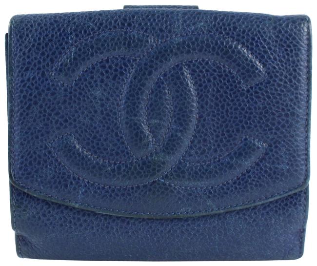 Chanel Caviar Cc Compact Coin Purse Wallet 229427 Blue Leather Clutch 