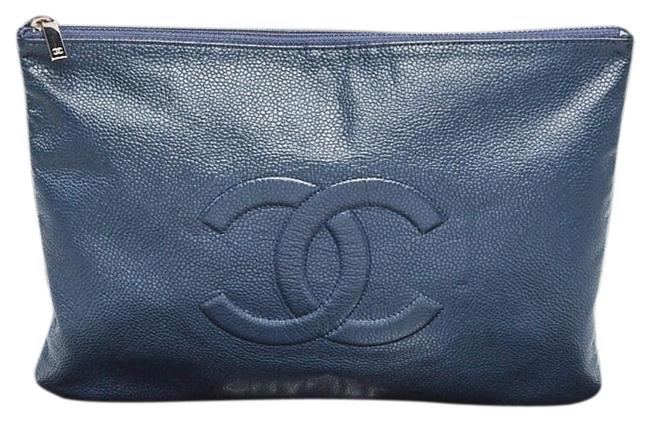 Chanel Caviar Cc Large O case Zip Pouch Blue Leather Clutch 