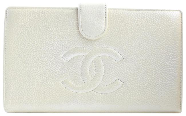 Chanel Long Wallet Caviar Cc 226624 Metallic Ivory Leather Clutch 