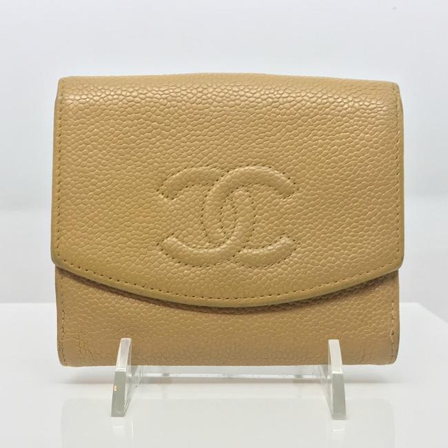 Chanel Caviar Compact Portefeuille Wallet Beige Tan Gold Leather Clutch 